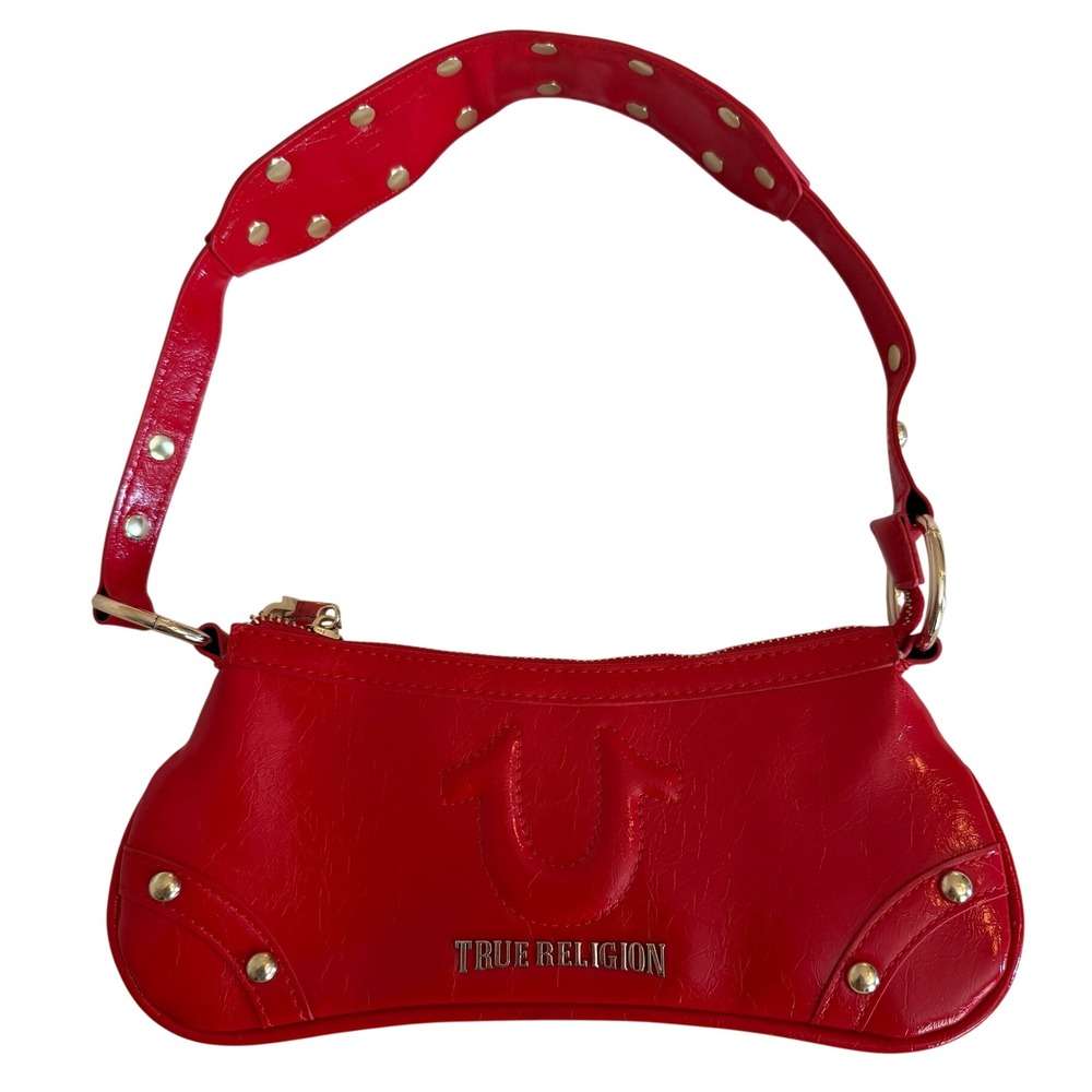 True Religion Red Studded Shoulder Bag Y2K Horseshoe Logo Baguette Handbag